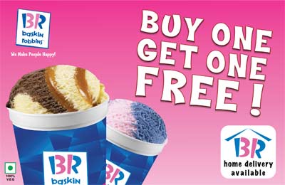 Rs. 25 for a Buy-1-Get 1 offer on party packs at Baskin-Robbins