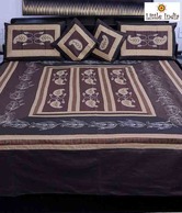Little India Chocolate Brown Silk Double Bed Cover Set-5 pcs