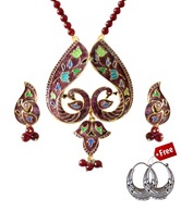 Indian Silver Peacock Design Meenakari Necklace Set With Free Earrings