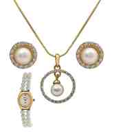 Oleva Gold Plated Pendant Set With Double Pearl String Watch