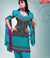 Prafful Sky Blue-Black Cotton Semi-Stitched Suit