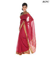 RCPC Plum Red Cotton Temple Border Saree